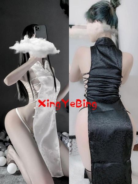 

bras sets feminine feeling underwear retro jacquard cheongsam passion hollow out tie with high slit uniform temptation sao, Red;black