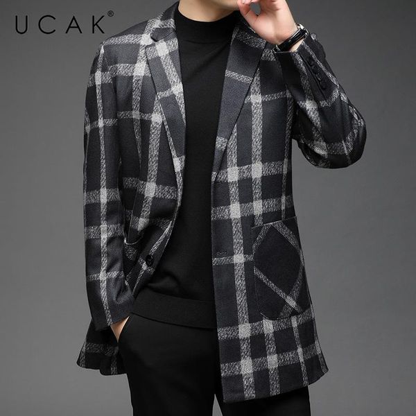 

men's trench coats ucak brand arrivals autumn winter streetwear turn-down collar striped long coat windbreaker clothing u8291, Tan;black