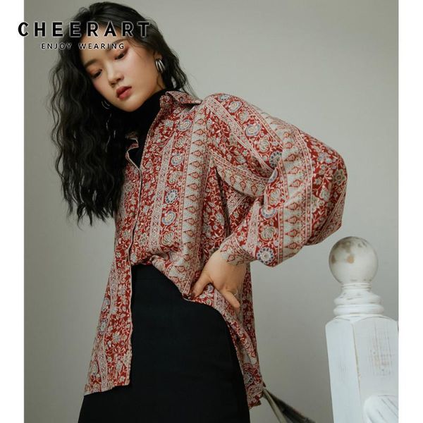 

women's blouses & shirts cheerart vintage floral women 2021 red long sleeve button up shirt ladies lantern blouse korean clothes, White