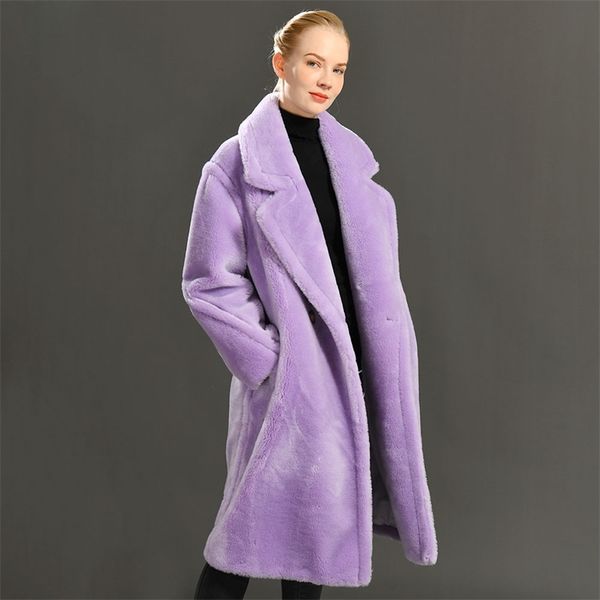 

women 100% real sheep shearling coat casual jacket autumn winter long sleeve lapel fur outerwear female wool teddy bear jacket 211020, Black