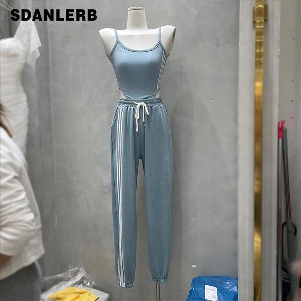 

fashion summer two piece suit women's sling vest backless camisole ankle-tied trousers long pants casual 2-piece set, White