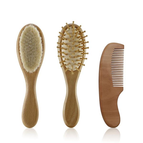 

hair brushes 3pcs born baby natural wool wooden brush comb infant head massager portable bath, Silver