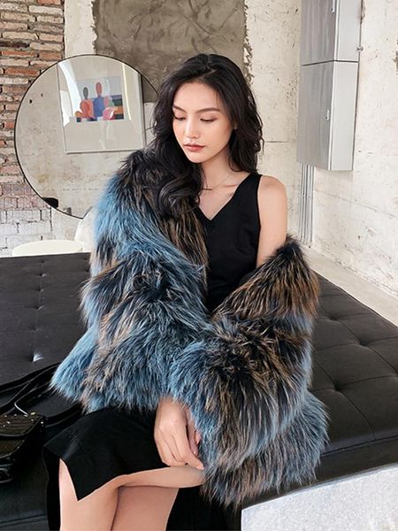 

women's fur & faux imported whole skin silver woven coat fashion mid-length lapel autumn winter shawl pashmina, Black