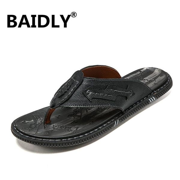 

slippers leather shoes men fashion flip flops trendy anti-slip cow men's casual classic massage beach, Black