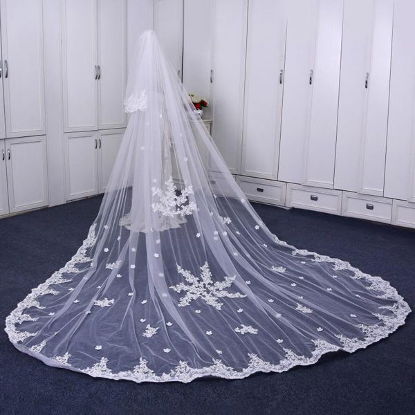 

bridal veils handmade luxury long flower lace wedding veil retro tulle cathedral 3 meters embroidery with comb bride accessories, Black