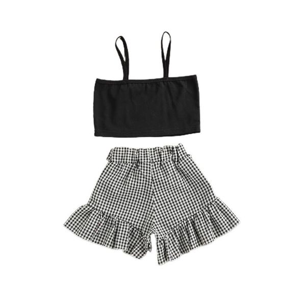 

clothing sets kids children baby girls fashion two piece outfit solid sleeveless bow knot plaid ruffle shorts summer toddler set 1-6t, White