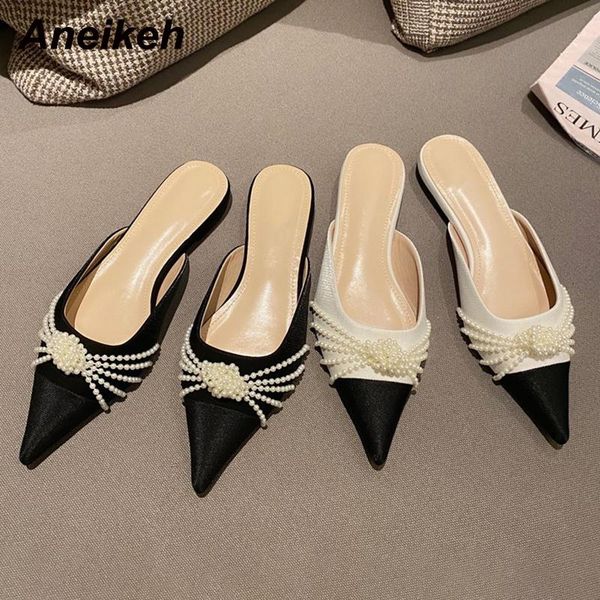 

aneikeh summer 2021 classics pointed toe ladies party slippers fashion pu shallow string bead lazy slip-on sandalias mujer, Black