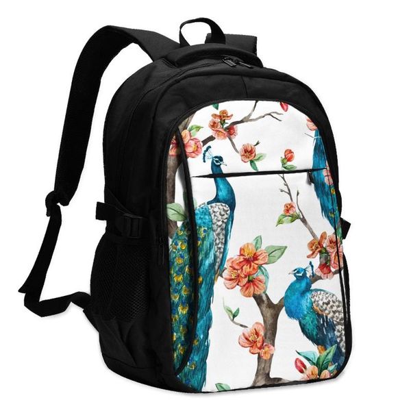 

backpack 2021 lapusb watercolor peacock on cherry tree school rucksack backbag travel male women leisure