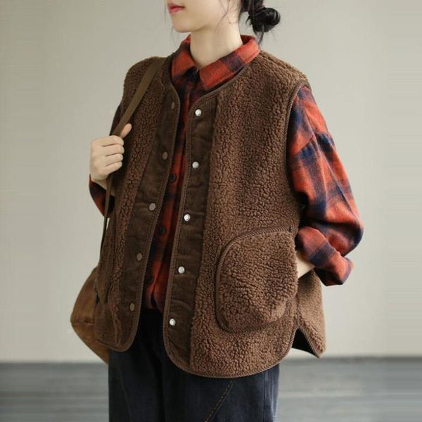 

engraved drawing double-sided women lamb vest in autumn winter loose sleeveless corduroy positive, White