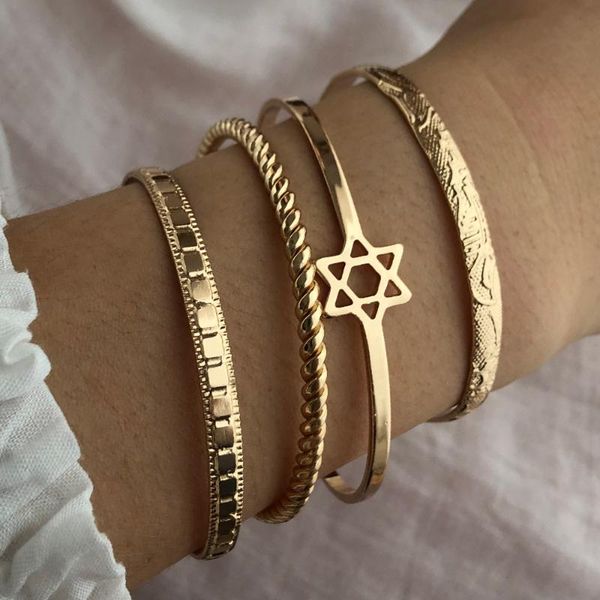 

bangle women trendy gold plated bangles set classic 4pcs 6pcs 8pcs packed geometric carved cuff adjustable bracelets female jewelry, Black