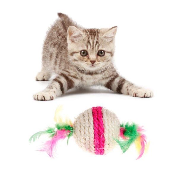 

cat toys 2pcs feather ball sisal pet dog puppy kitten scratch teaser toy