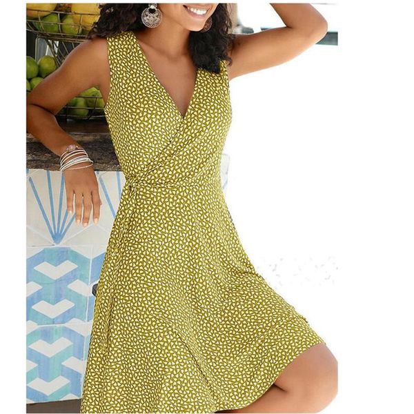 

new casual polka dot dress women v neck sleeveless bandage beach midi dress summer bohemian dresses for women plus size 210423, Black;gray
