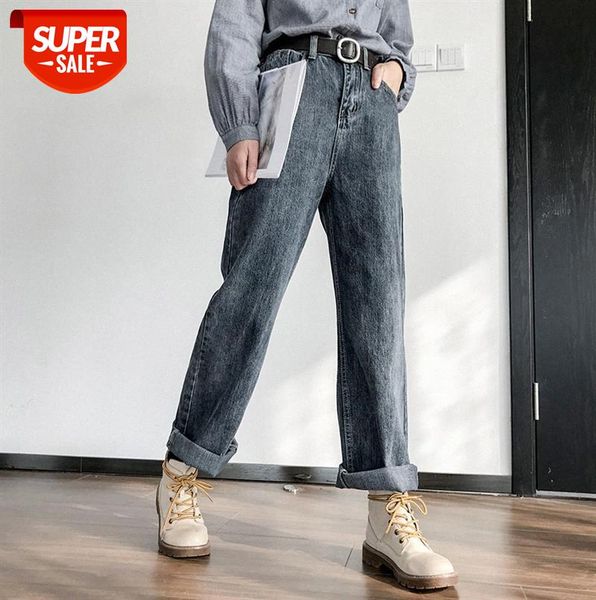 

910096 denim wide-leg pants women's loose fit with belt, raw edge drape high-waist straight-leg trousers #k64b, Black;gray