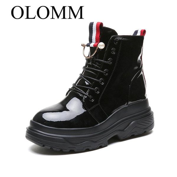 

boots olomm women's large size platform spring and autumn 2021 patent leather plus velvet ab-120, Black