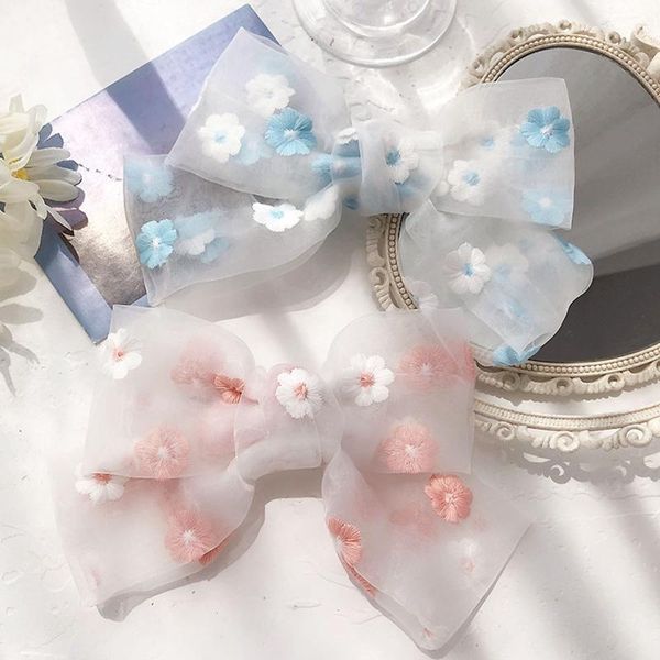 

hair clips & barrettes pink blue embroidered flowers lace spring clip girly sweet bow organza accessories, Golden;silver
