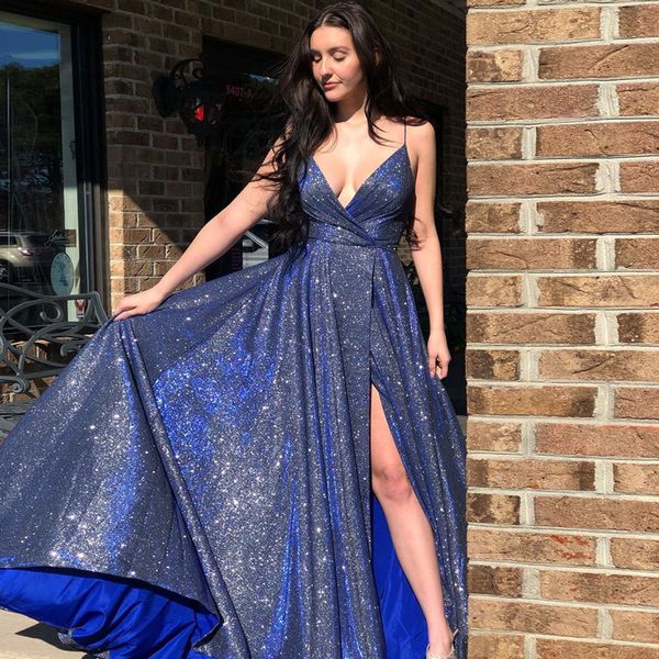 

sparky blue sequined prom dresses a line spaghetti straps side split long formal evening gowns for women girls party special occasion wear, Black