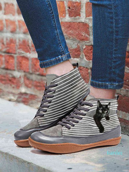 

2021 new autumn and winter retro warm booties women comfy cartoon cats print suede buckle casual flat ankle boots mujer botas, Black