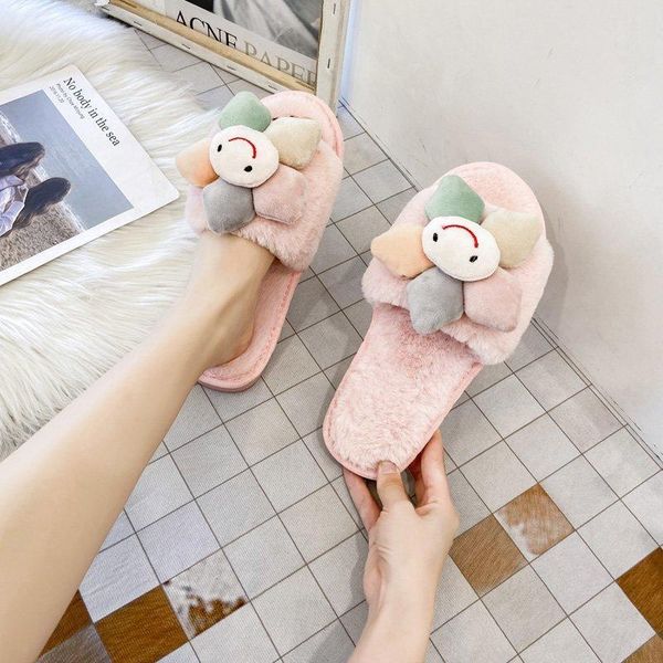 

cartoon fur slides for women fluffy slippers kawaii shoes home soft footwear floral indoor cute chinelos, Black