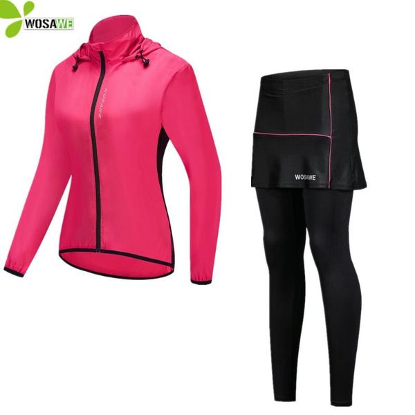 

racing sets wosawe women's spring cycling jersey set long sleeve bicycle hooded jacket skirt pants sports mtb wear windproof riding sui, Black;blue