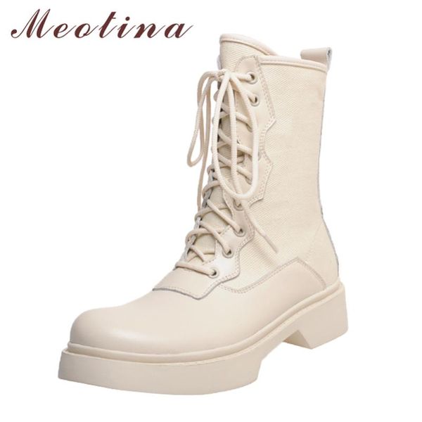 

boots meotina genuine leather flats platform ankle women motorcycle shoes zip cross tied ladies short black white