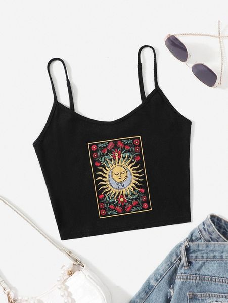 

floral and graphic print rib-knit cami r0tc#, White