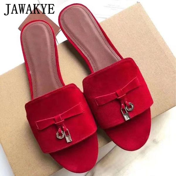 

slippers metal lock tassel flat women round toe kidsuede summer mules runway casual beach flipflops candy color walk sandals, Black