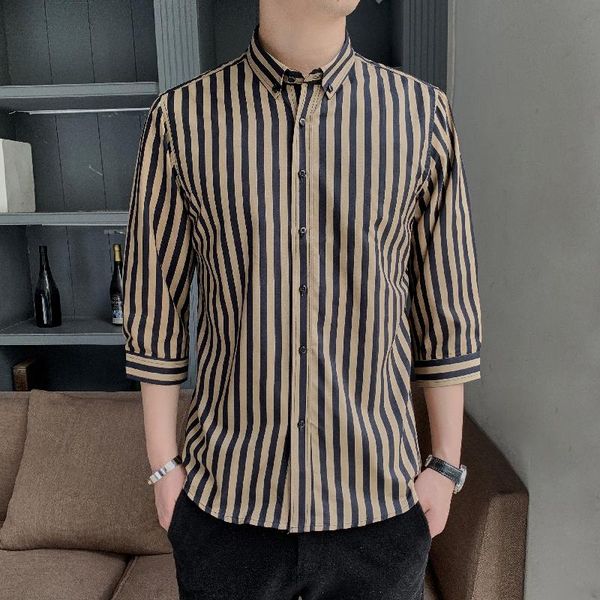 

men's casual shirts 2021 spring / summer fashion stripe printed shirt medium sleeve lapel button business street wear, White;black