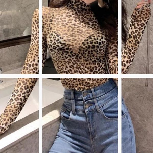 

women's t-shirt bkld mesh sheer yellow leopard print female round neck long sleeve trendy women 2021 spring style clothing, White