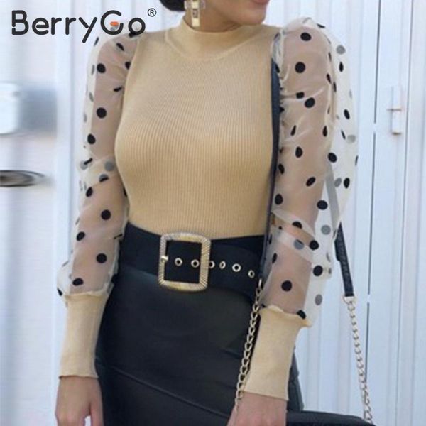 

berrygo patchwork polka dot knitted blouse women party club slim puff sleeve ladies elegant autumn winter female shirt 210513, White