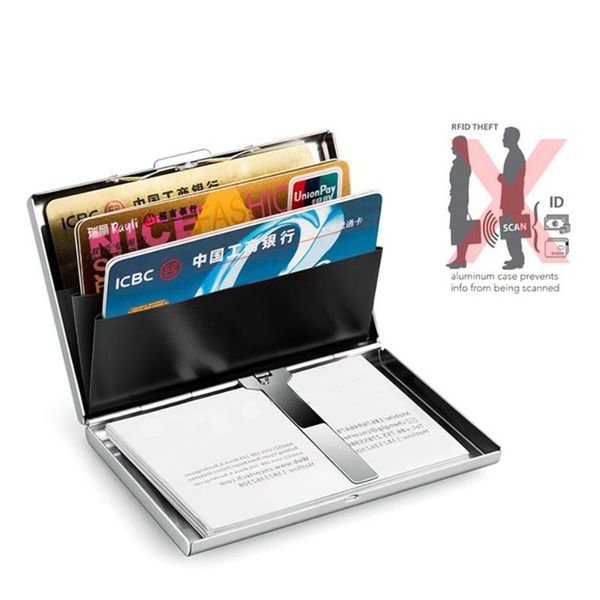 

card holders rfid stainless steel silver metal bank id holder women men cover business organizer purse coin wallet, Brown;gray