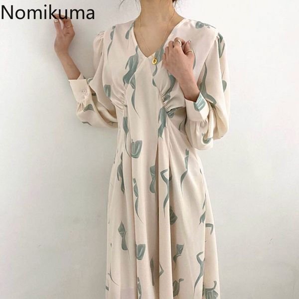 

nomikuma korea pleated v-neck floral women dress lantern long sleeve causal dresses spring new elegant vestidos femme 6e142 210427, Black;gray