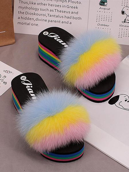 

women slippers 2021 summer wedges heel shoes fur platform fashion slides outdoor sandals, Black