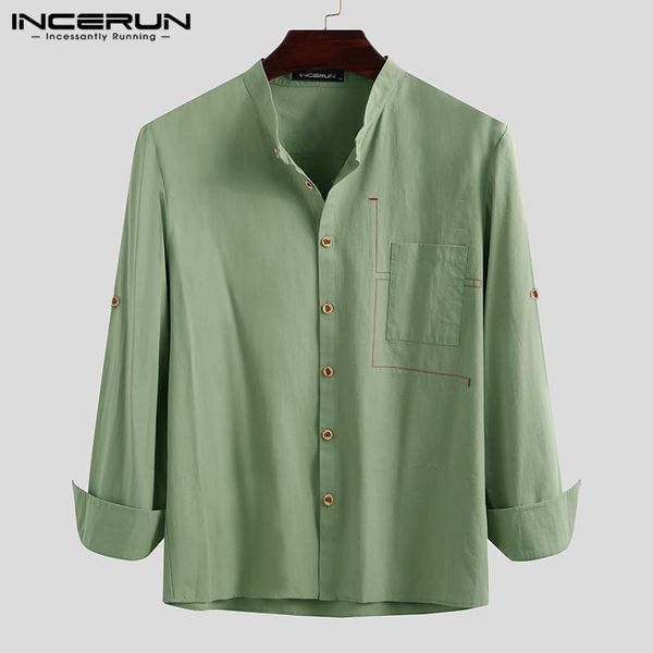 

mens long sleeve button camisa incerun fashion stand collar shirts leisure solid blusas casual cotton blouse s-5xl 7 men's, White;black