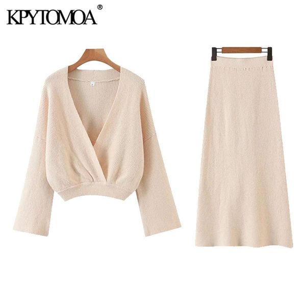 

women fashion office wear two pieces sets knitted cropped wrap sweater high elastic waist skirts female jumpers 210420, White