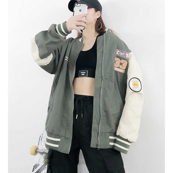 Bomber autunnale Donna Streetwear Harajuku Cappotto corto allentato Women Army Jean 210531