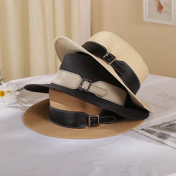 

wide brim hats summer straw hat for women pu leather strip decoration large sun protection elegant fashion portable caps, Blue;gray