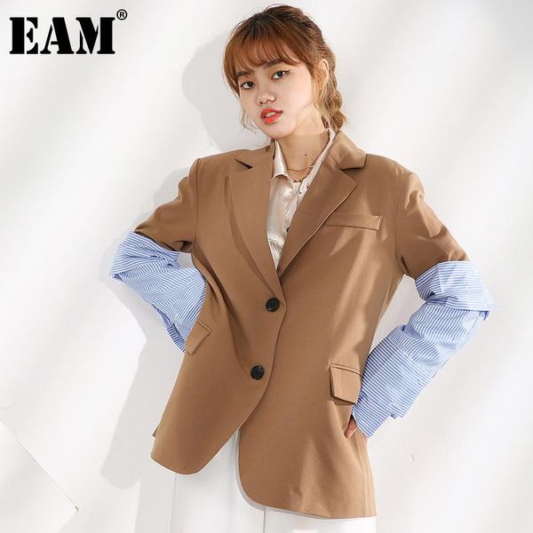

[eam] women khaki striped stitch big size blazer lapel long sleeve loose fit jacket fashion spring autumn 2021 ji82504s women's suits &, White;black