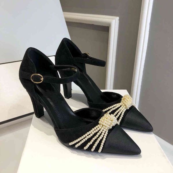 

women's sandals spring new one word buckle high heels pointed toe single shoes height 7.5cm banquet wedding 60% off store online, Black