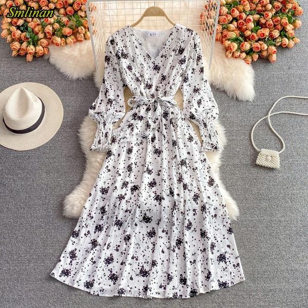 

casual dresses smlinan spring autumn print floral white dress women v neck long sleeve plus size elegant party bandage, Black;gray