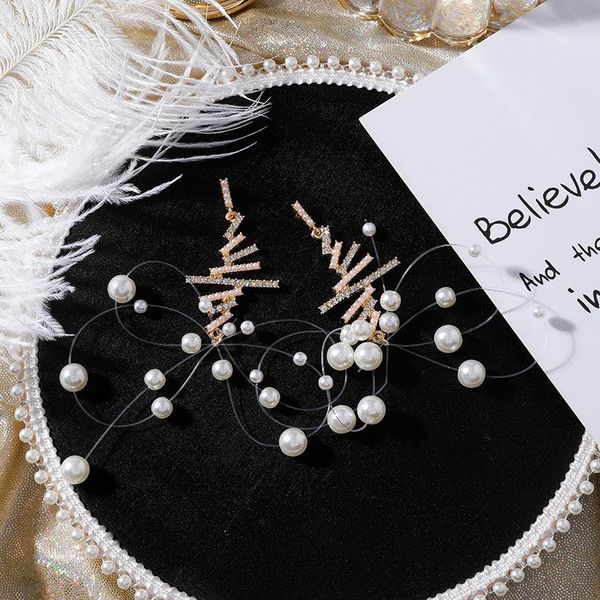 

dangle & chandelier korean fashion exaggeration handmade fishing thread bow pearl earrings irregular geometric crystal long for women, Silver