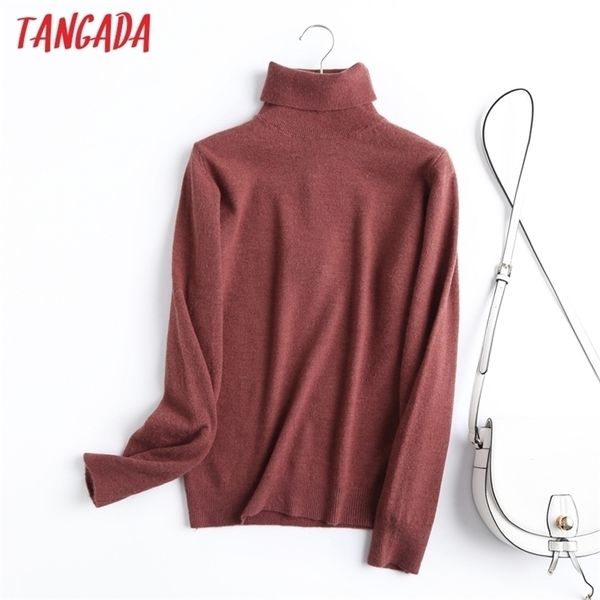 Tangada Chic Mulheres 100% Lã Turtleneck Sweater Vintage Escritório Senhoras Fina Jumper Tops 6D06 211215