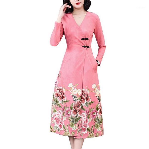 

casual dresses elegant a line midi dress 2021 fall winter fashion women long sleeve printing party lady, Black;gray