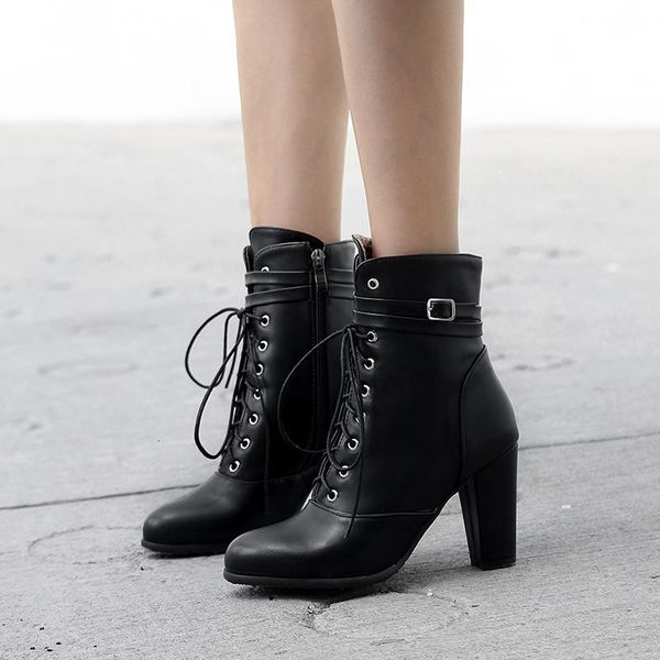 

boots ochanmeb pu leather ankle women chunky heels thick lace up short silver woman buckle big size 44 booties lady kril, Black