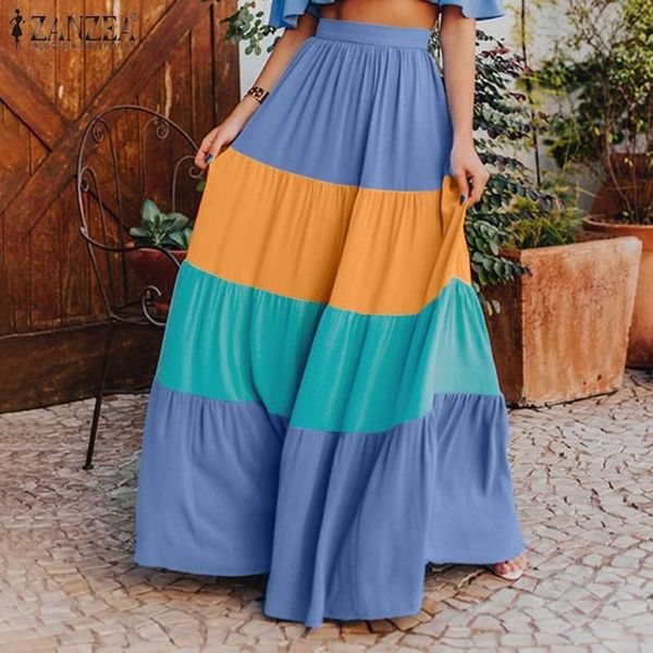

casual solid elastic waist skirts zanzea women holiday 2021 summer stitching maxi ol a-line oversized 5xl, Black