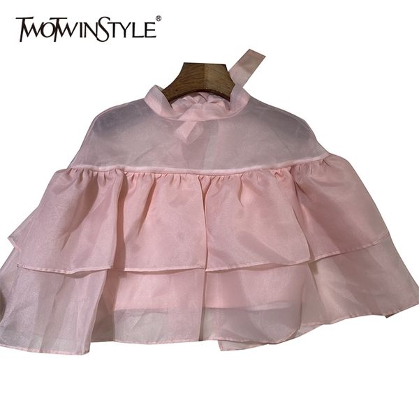 Rosa Patchwork Rüschen Hemd für Frauen Stehkragen Kurzarm Elegante Bluse Weibliche Mode Kleidung 210524