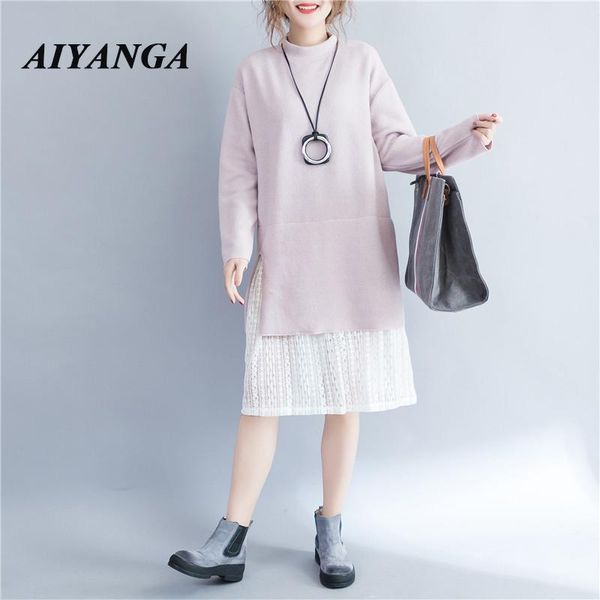 

casual dresses aiyanga women faux 2 pieces stand collar dress 2021 autumn winter loose lace patchwork female pink pullover vestidos, Black;gray