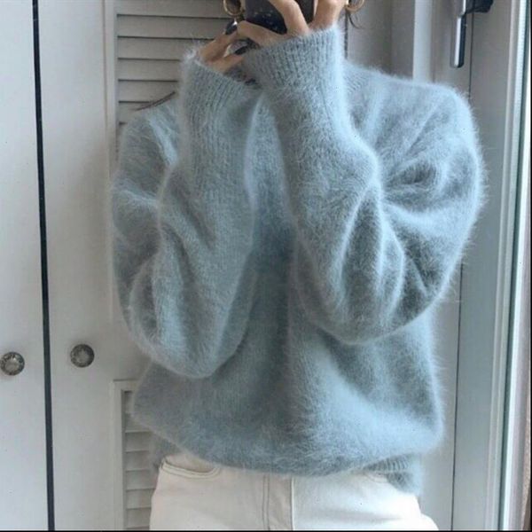 

women sweater chic soft solid color woman knit sweaters round collar loose casual long sleeve pullovers autumn winter clothes blue, White;black