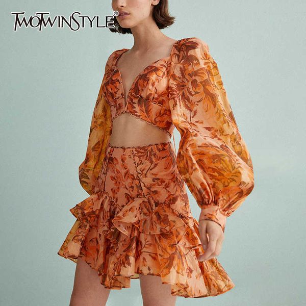 

twotwinstyle casual print women two piece sets v neck lantern long sleeve short high waist patchwork ruffles suit female 210708, White