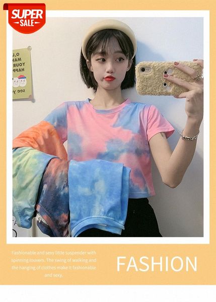 

new korean style short-sleeved t-shirt with waist and navel for women loose net red tie-dye short upper clothes trend #tm15, White