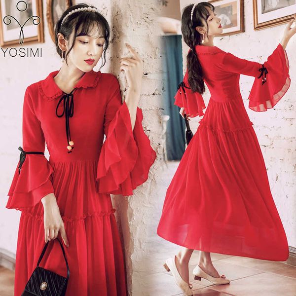 YOSIMI rouge en mousseline de soie longue femmes robe été Maxi Vintage cheville longueur papillon manches soirée soirée femme Vestidos élégant 210604